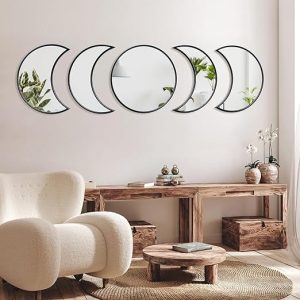 Rellon Industries Wall Mirror for Living Room 5 Pieces Decorative Mirror Wooden Moon Phase Wall Mirror Stickers Wall Decoration for Home Living Room Bedroom (Black)