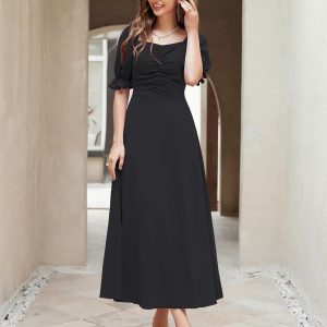 Shasmi Girl's & Women's Solid A-Line Ruched Puff Sleeve Maxi Long Evening One Piece Long Dress for Women Stylish (Dress 131)